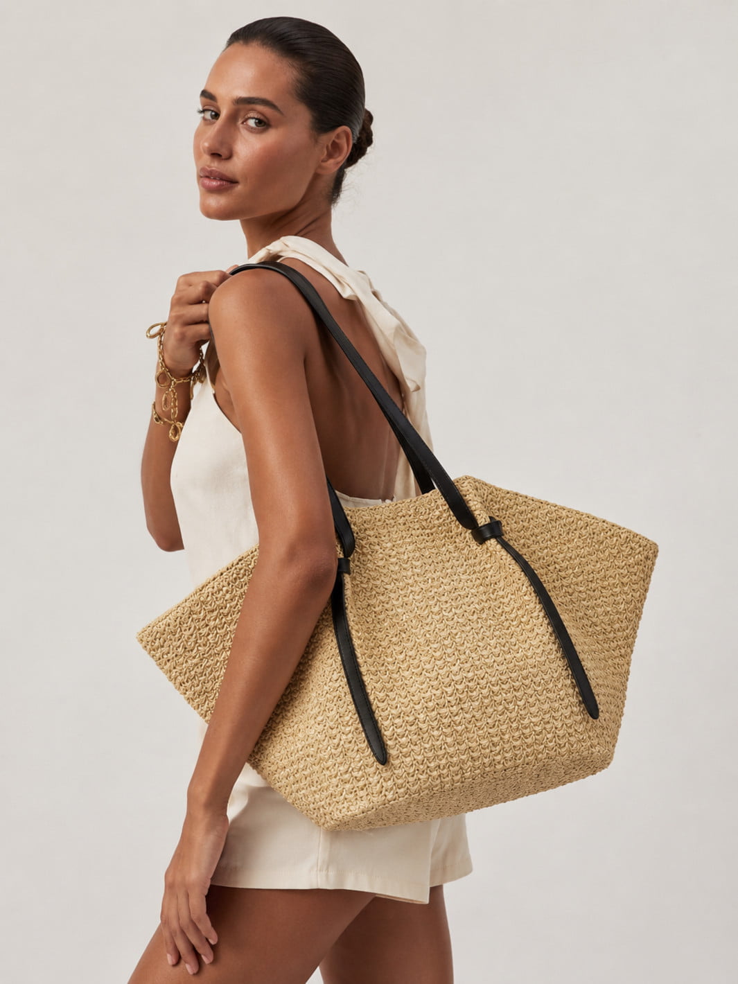 Straw and Black Leather Tote Bag