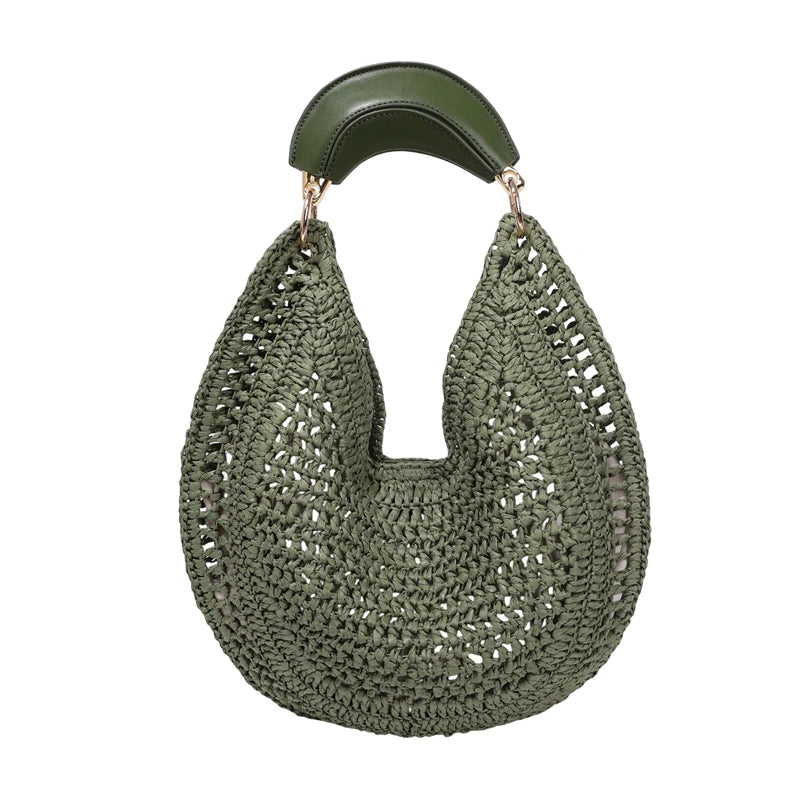 Handwoven Straw Crescent Moon Hobo Tote Bag Women