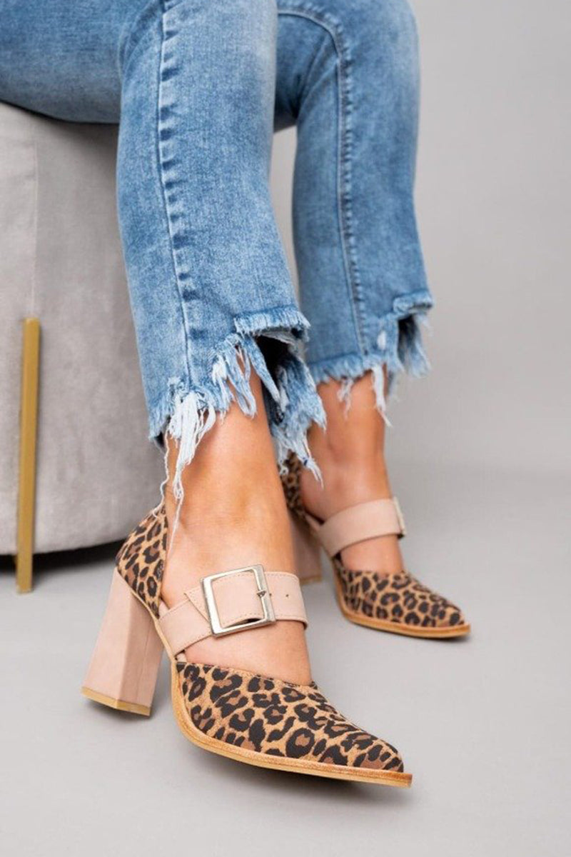 Close-up of the strap and block heel on women's pumps
