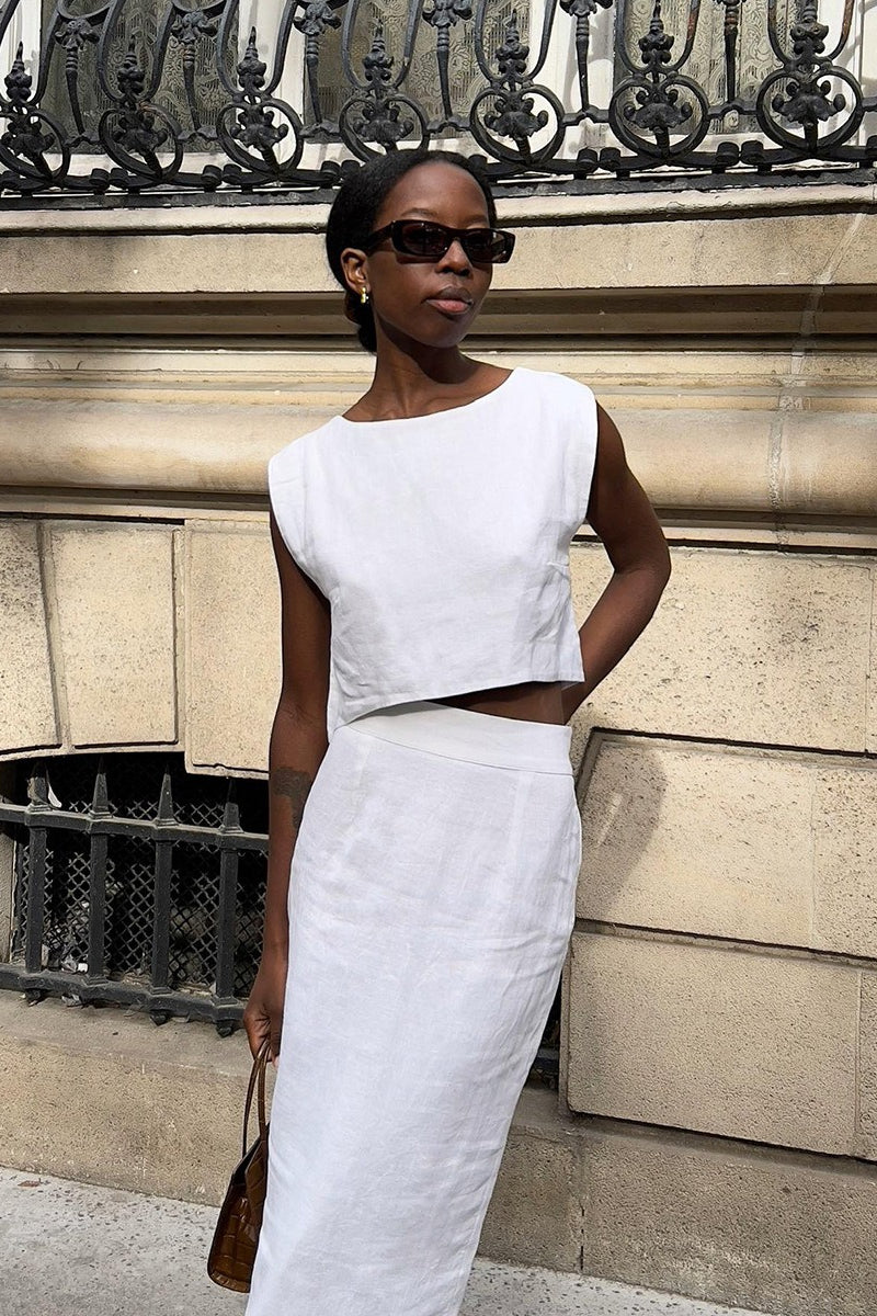 Women's midi skirt showing its coordinated fit and length