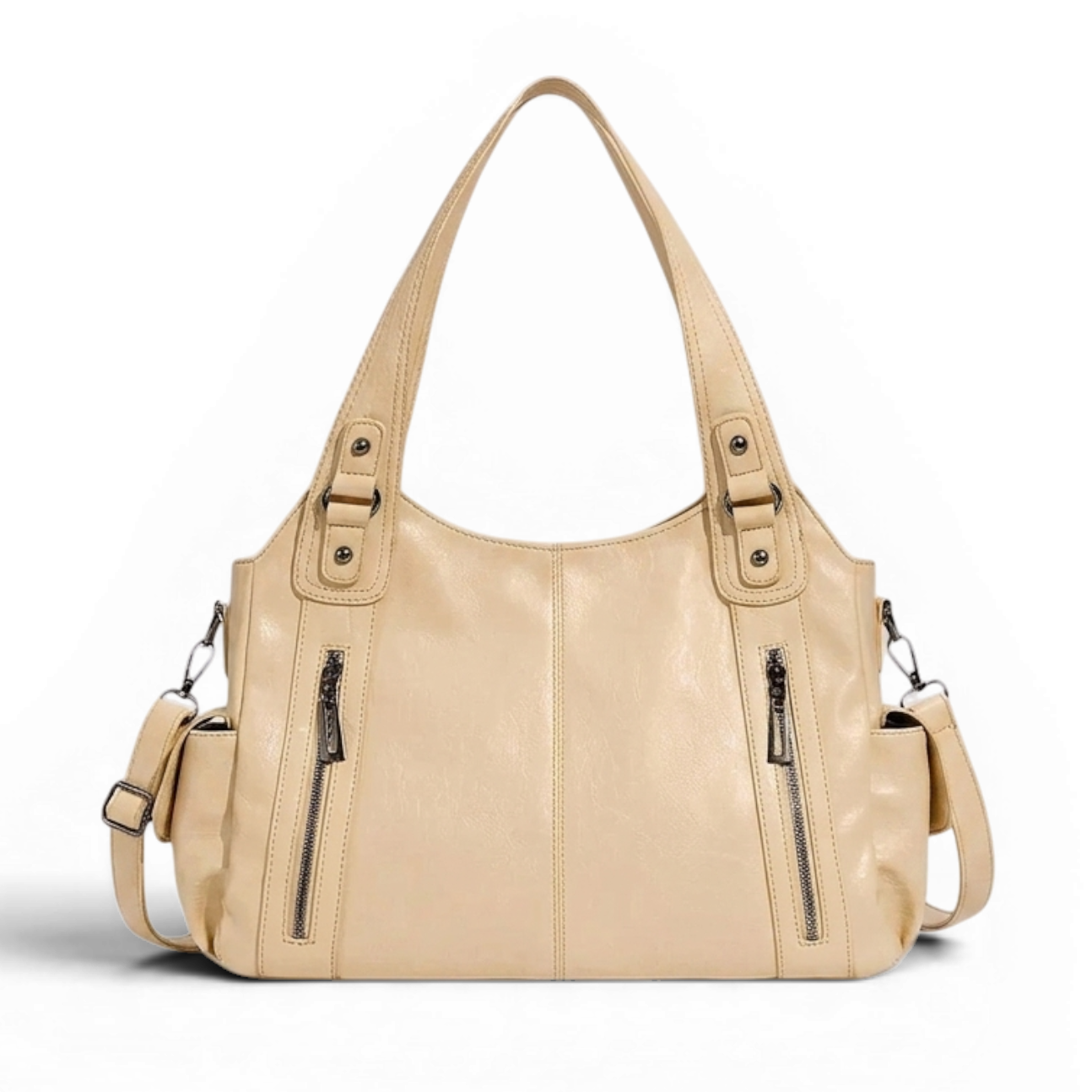 Beige zip tote handbag shown from the front with double shoulder straps