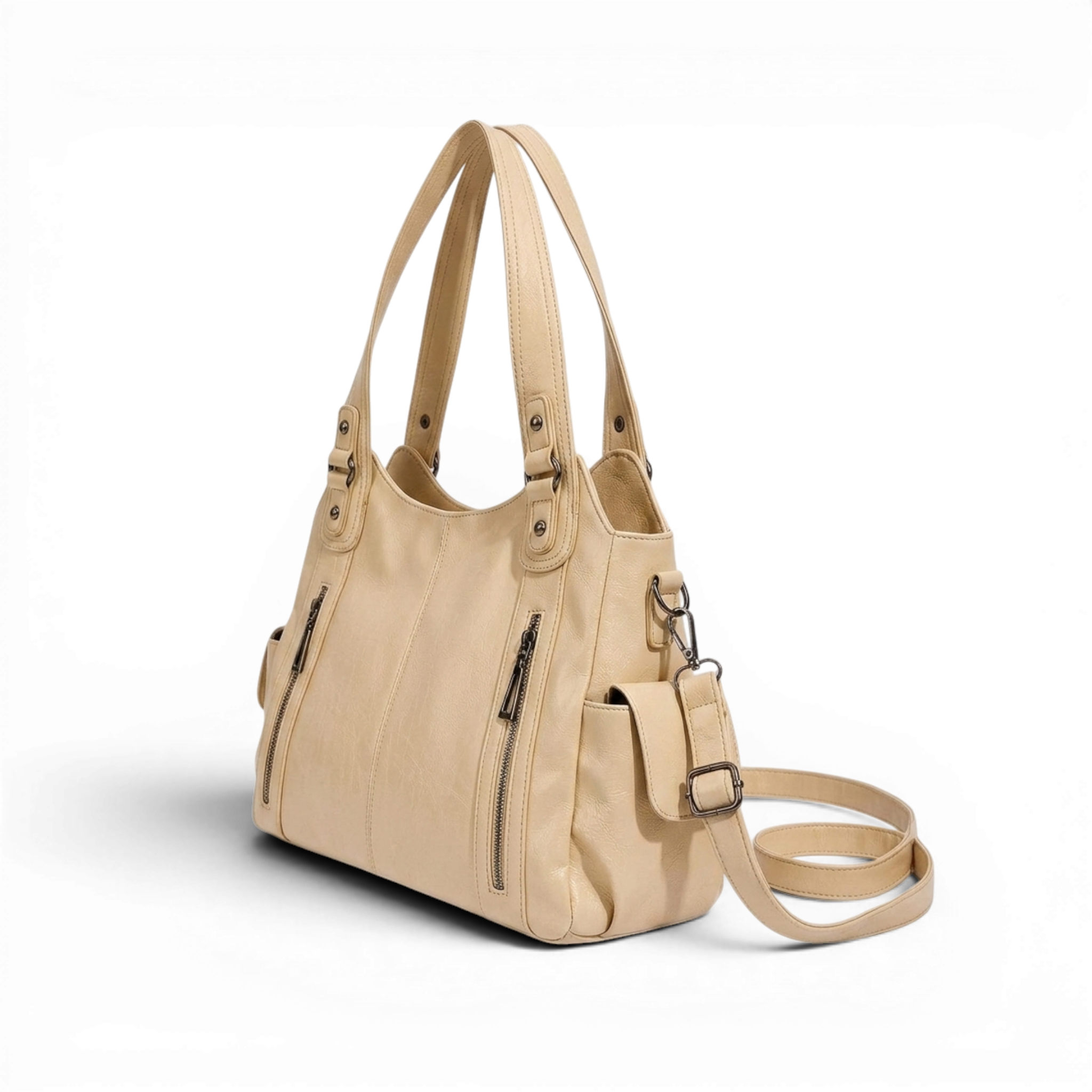 Top view of the green tote handbag showing secure zip closure