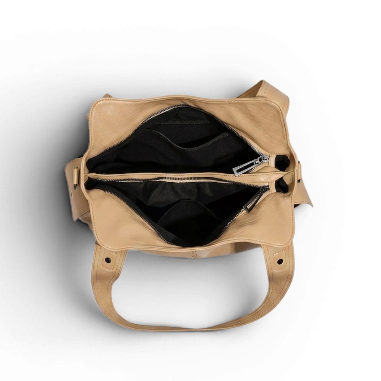 Side view of beige everyday tote handbag with clean minimalist design