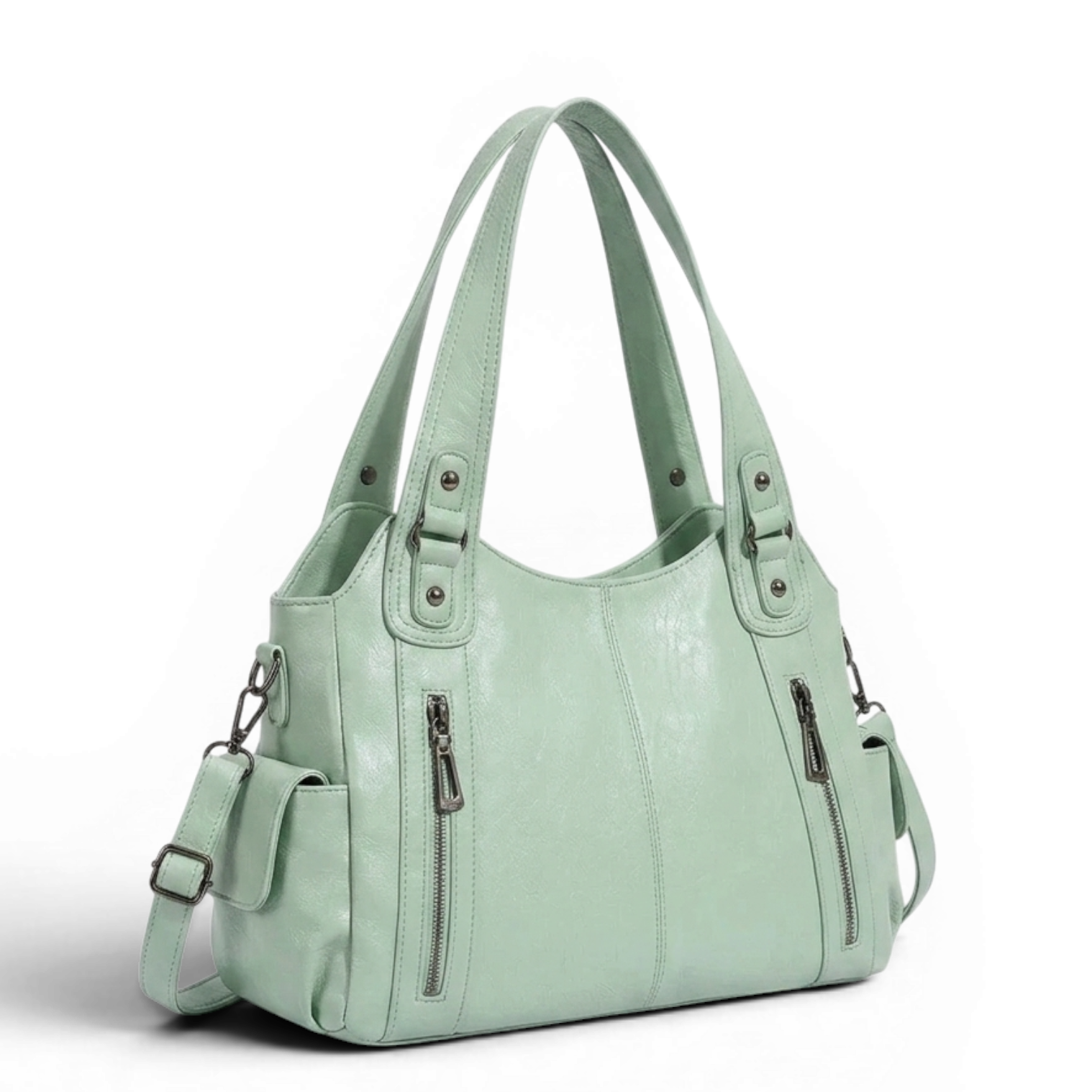 Green tote handbag with zip closure shown at a slight front angle