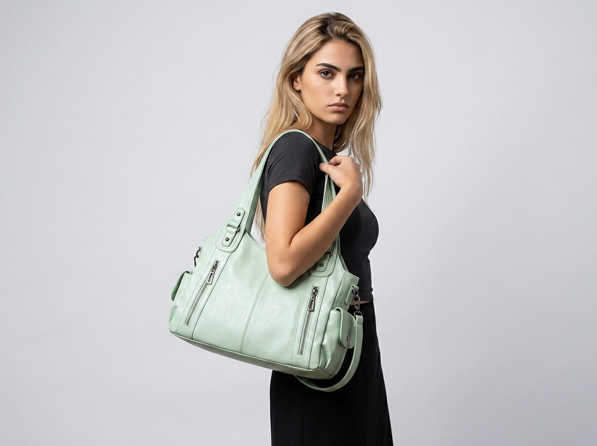 Side view of the green zip tote handbag with structured silhouette