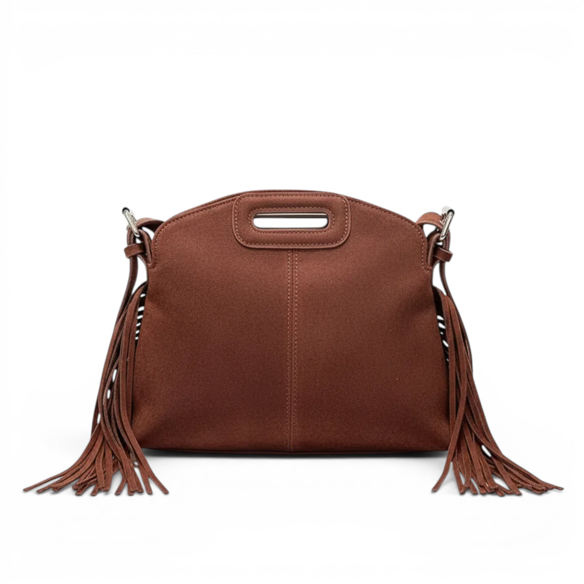 Women's chic fringe handbag displayed at an angled side view
