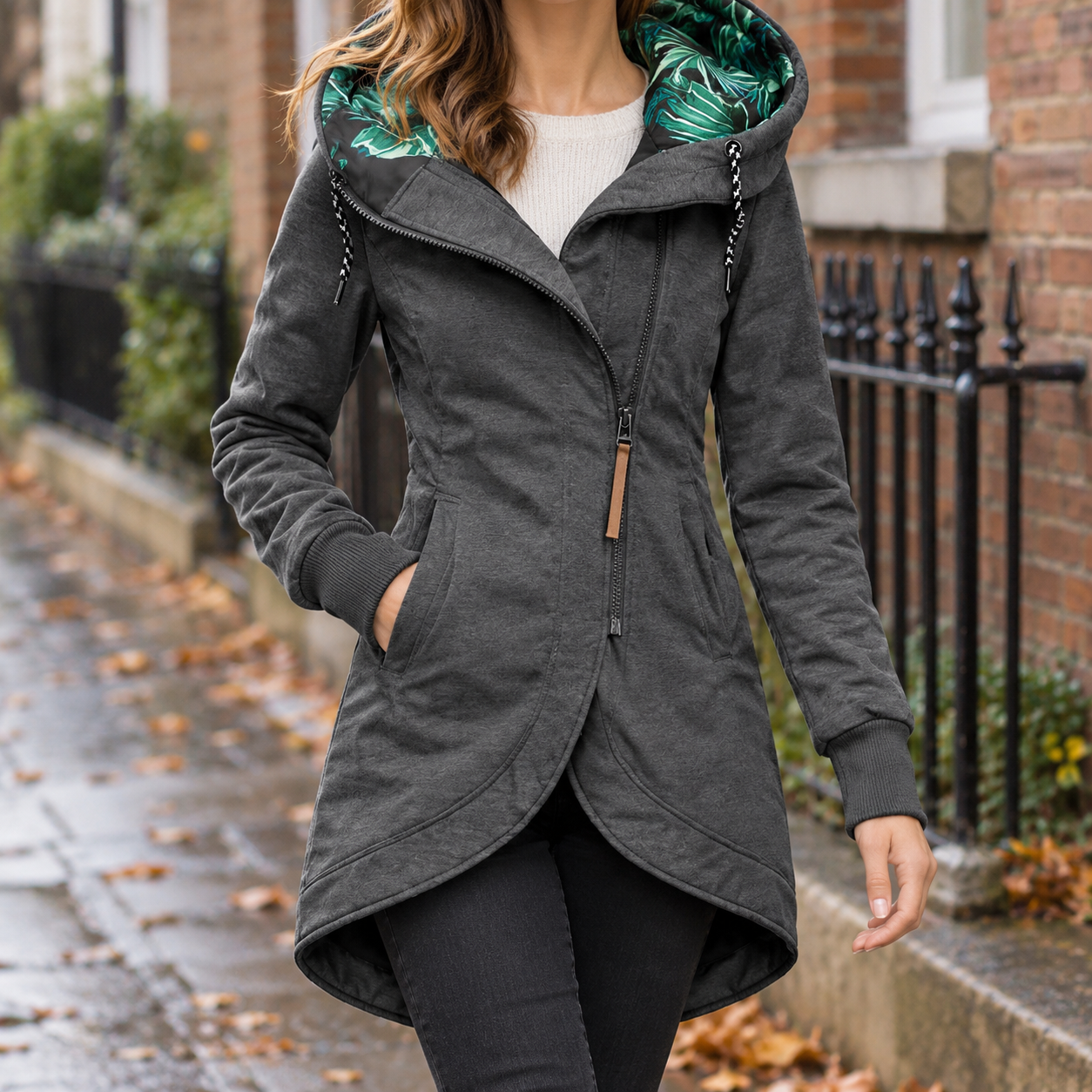 Hooded jacket with a full zip front and practical pockets