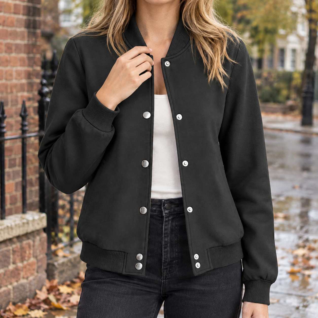 Cotton blend bomber jacket shown from the front