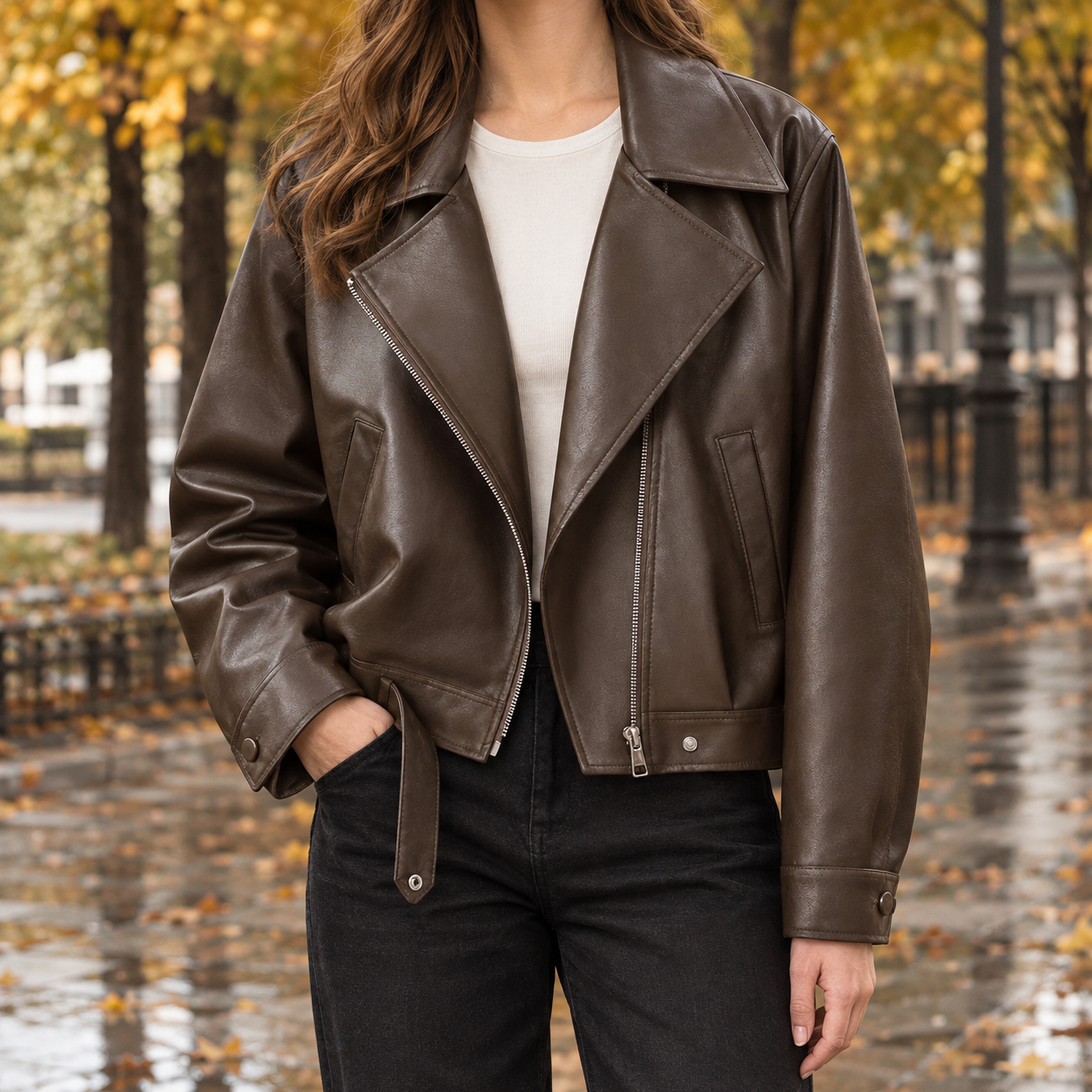 Cropped leather-look biker jacket shown from the front with a structured moto silhouette