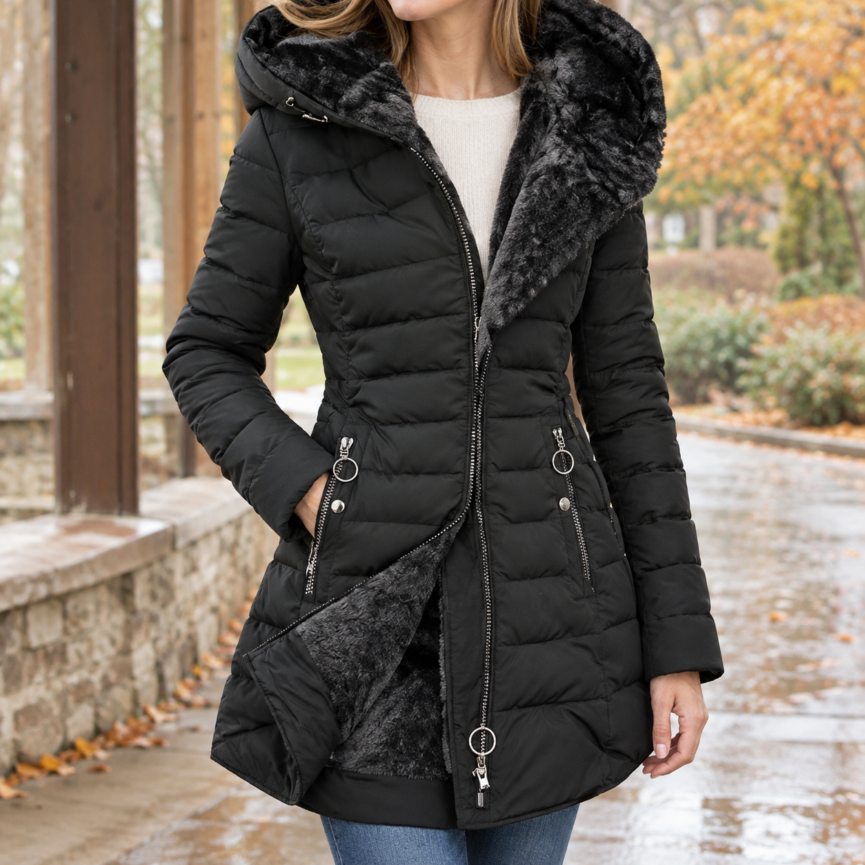 Mid-length quilted hooded jacket shown from the front