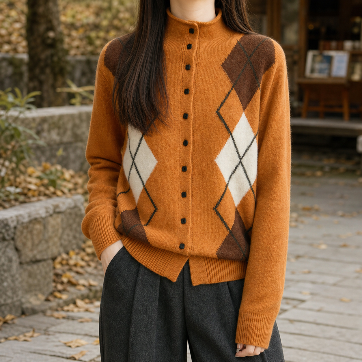 Argyle mock neck cardigan shown from the front with its classic diamond pattern