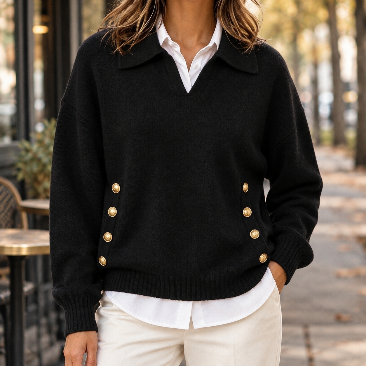 Collared Knit Sweater With V-Neck