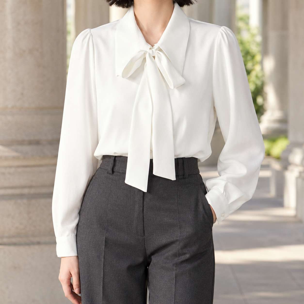 Women's Tie Neck Blouse With Pointed Collar