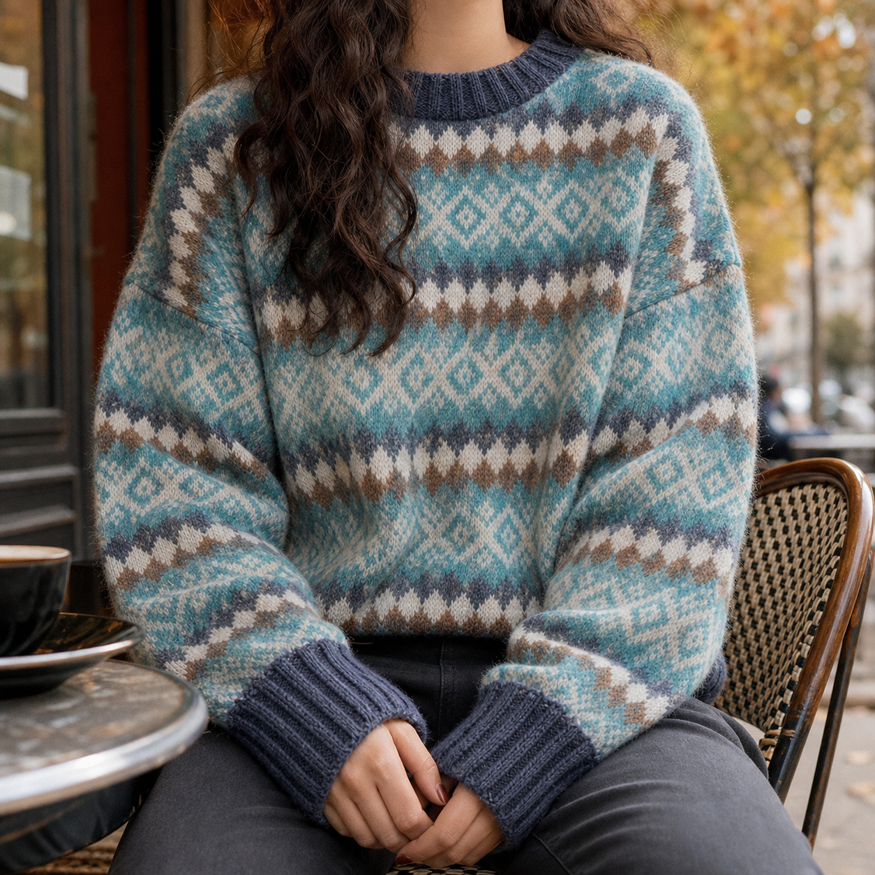 Jacquard Knit Sweater With Diamond Pattern