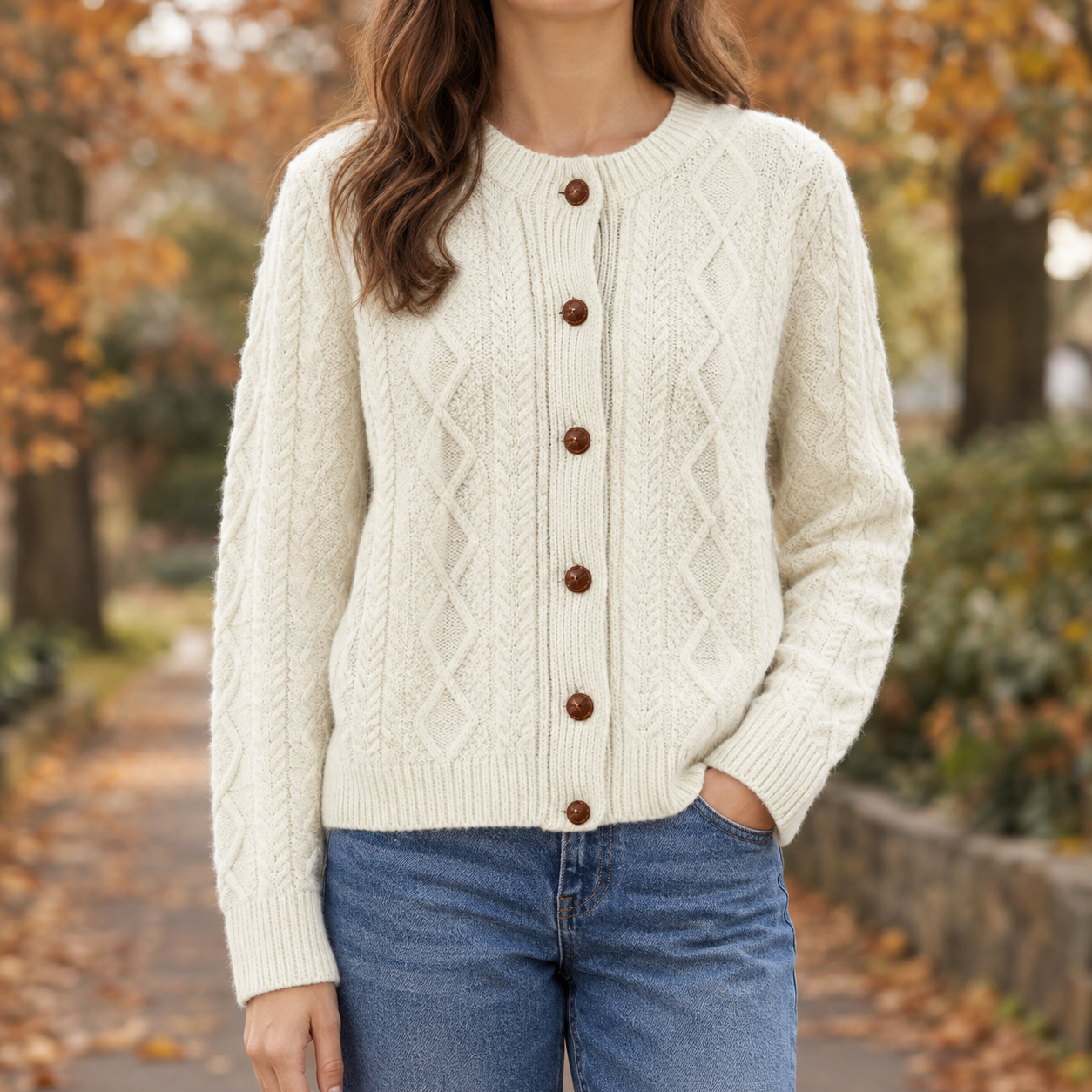 Wool cardigan sweater featuring a textured cable knit and button front