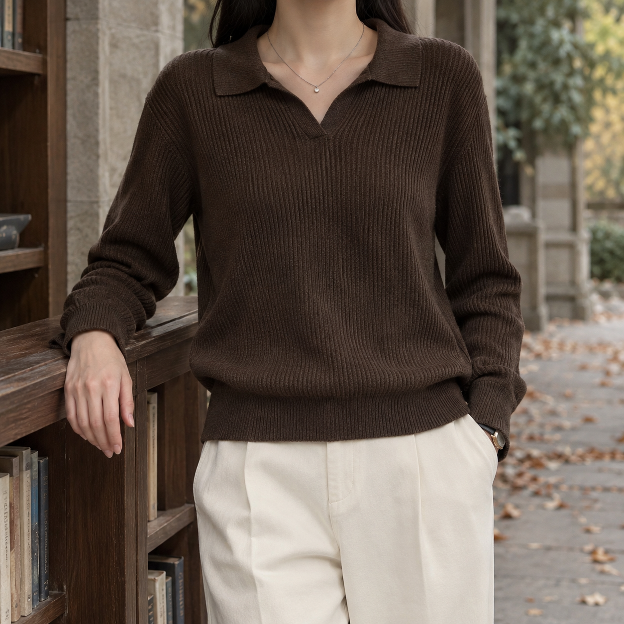 Ribbed polo collar sweater with long sleeves shown from the front