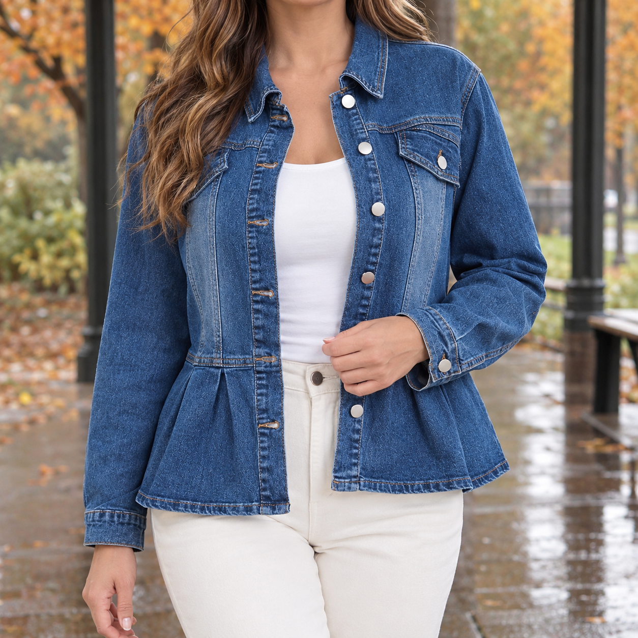 Women's Denim Peplum Jacket With Button Front