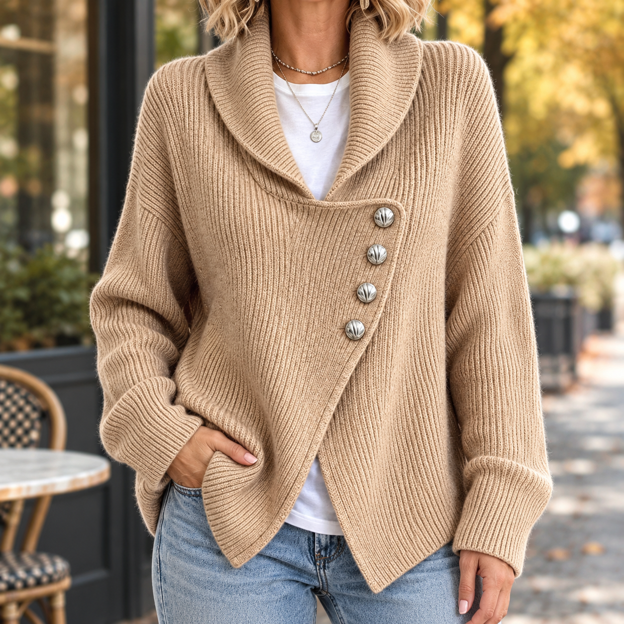 Front view of an asymmetric knit cardigan with a distinctive shawl collar