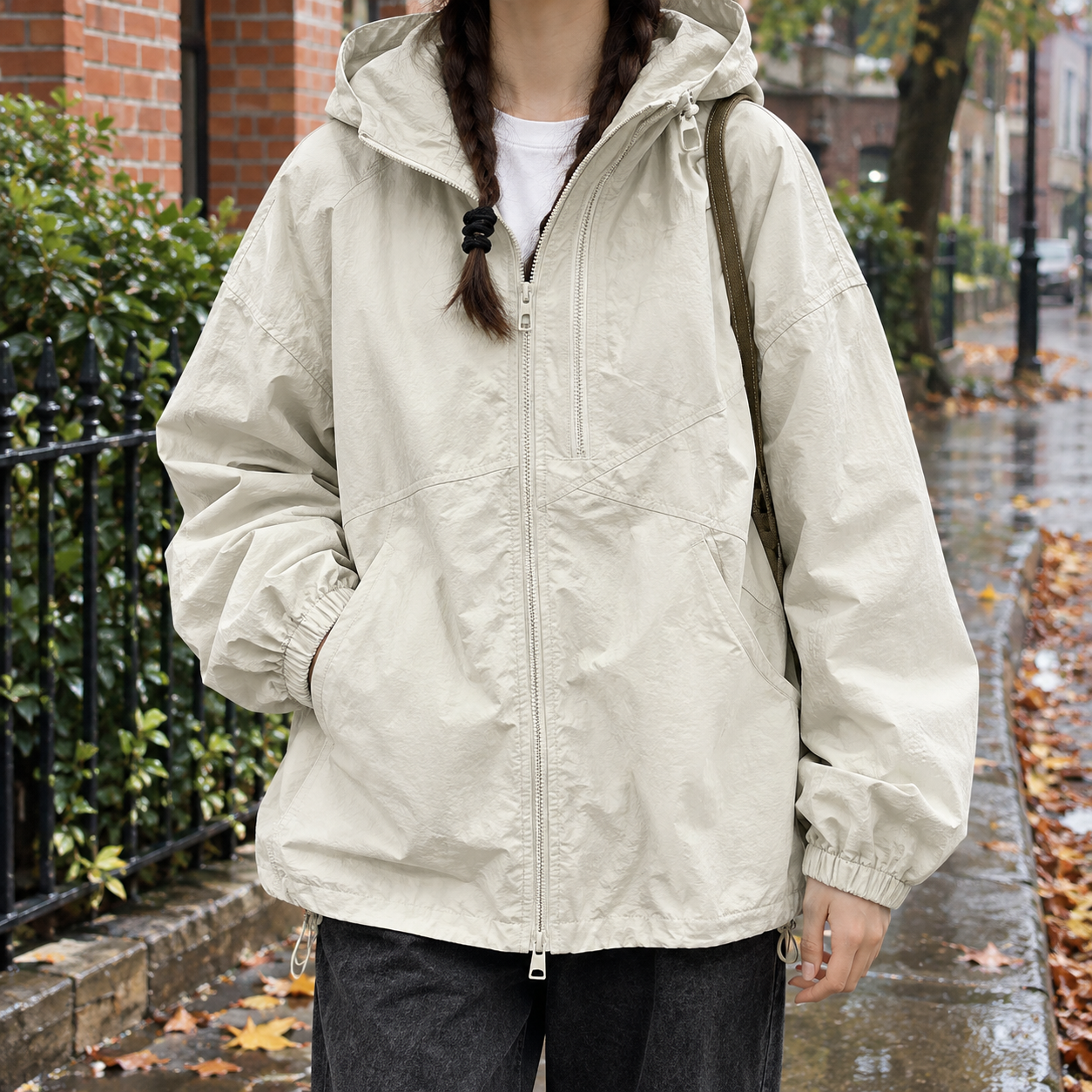 Hooded jacket with full-zip front shown from the front