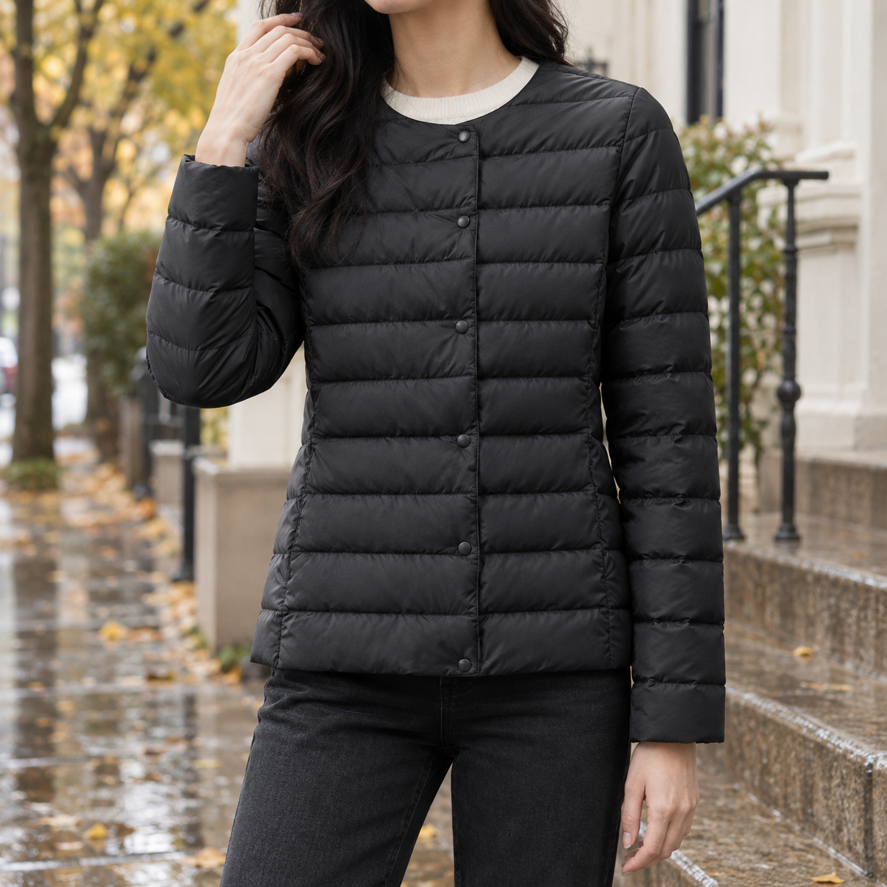 Quilted Down Jacket With Snap Front
