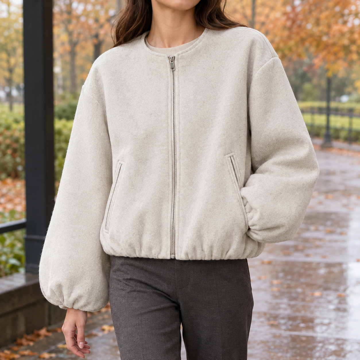 Balloon Sleeve Jacket With Zip Front