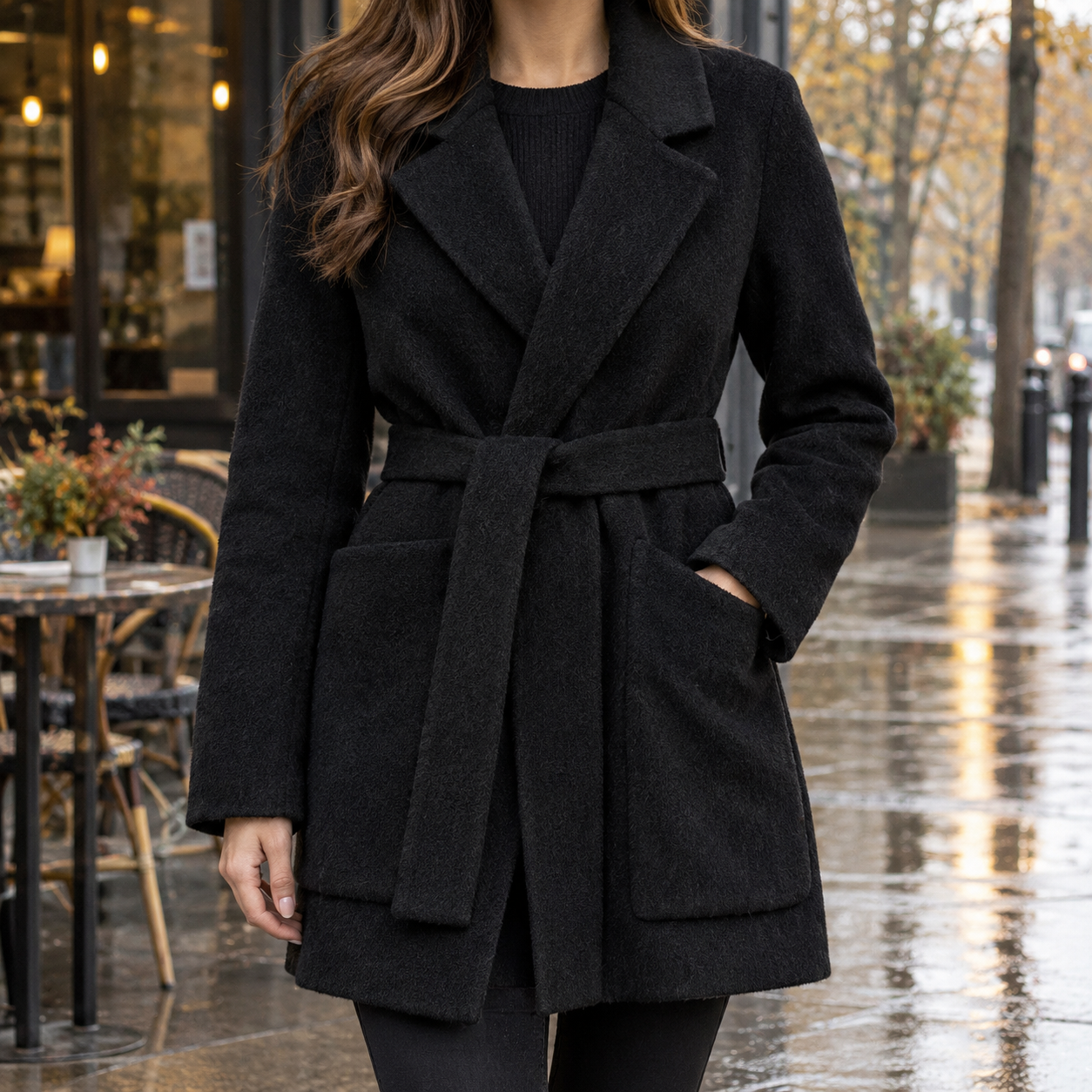 Cashmere wool wrap coat styled with a tie belt for an elegant outerwear look