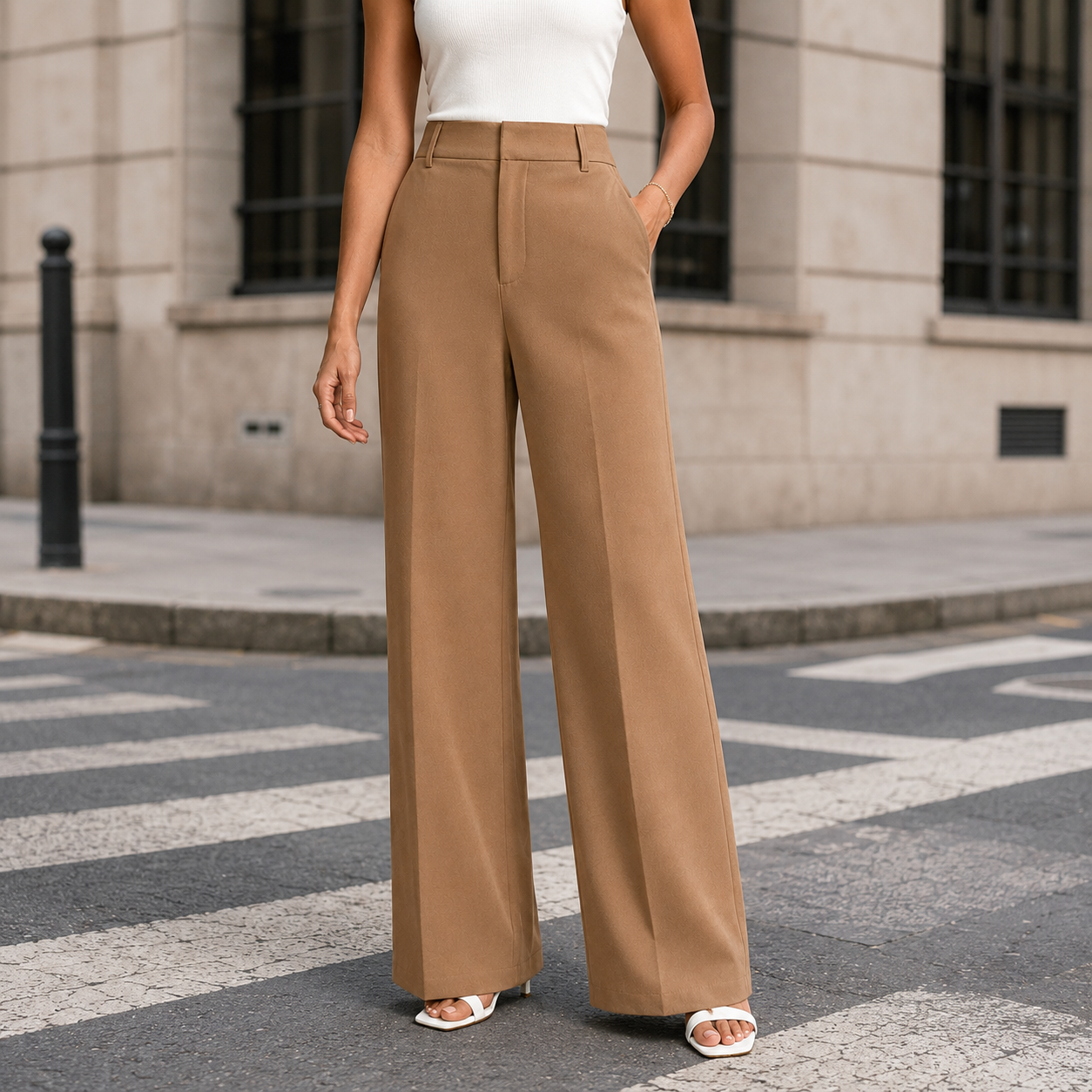 High-waisted wide-leg pants with tailored pleats shown from the front