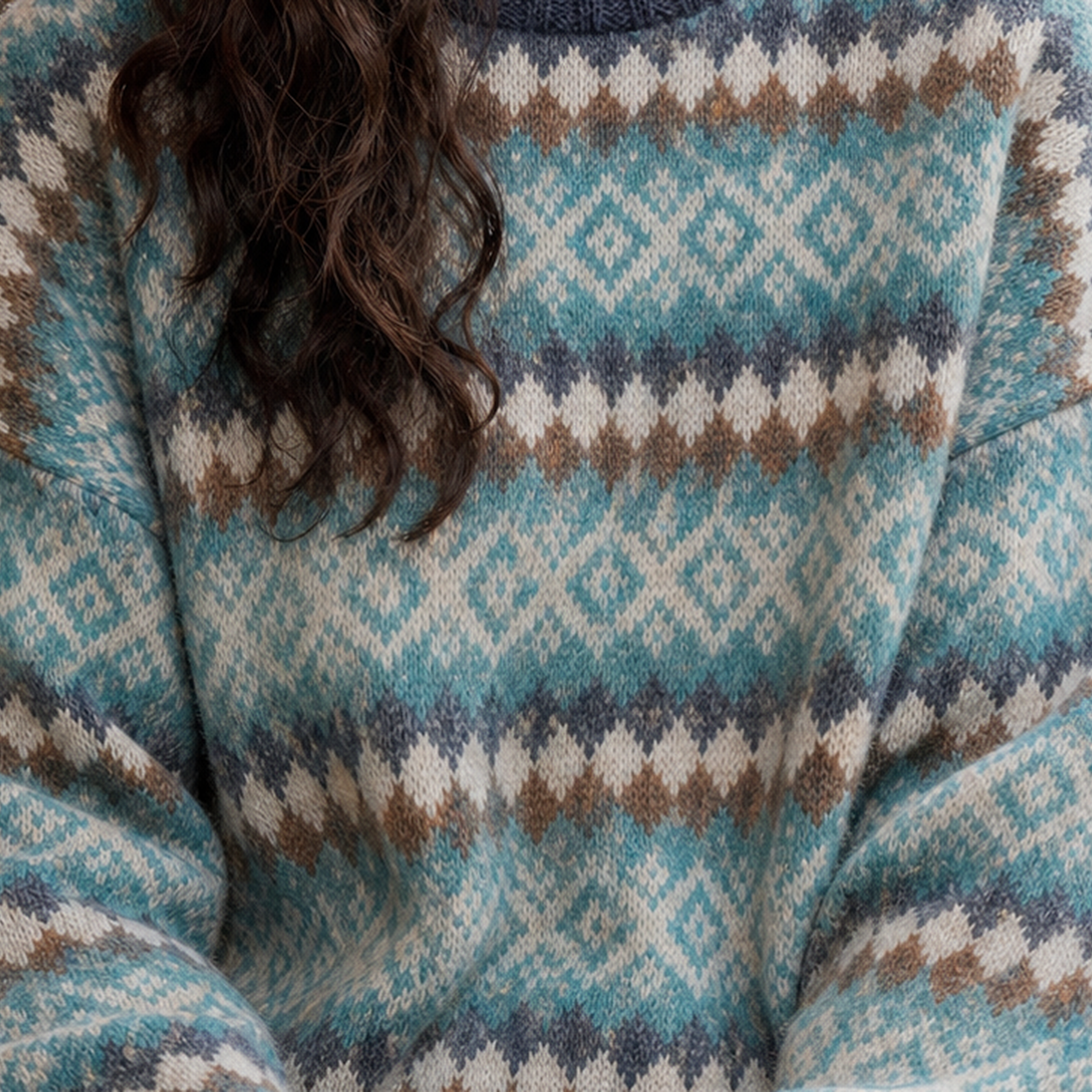 Close-up view of the sweater's textured jacquard knit and diamond design