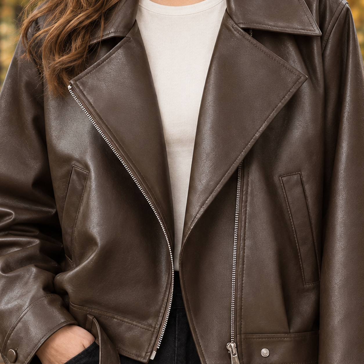 Close-up view of the cropped leather-look biker jacket's front closure and collar