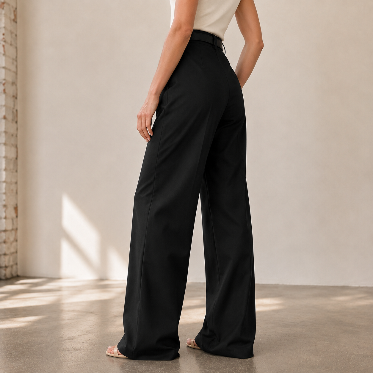 Front view of tailored high-rise pants with a straight-leg silhouette