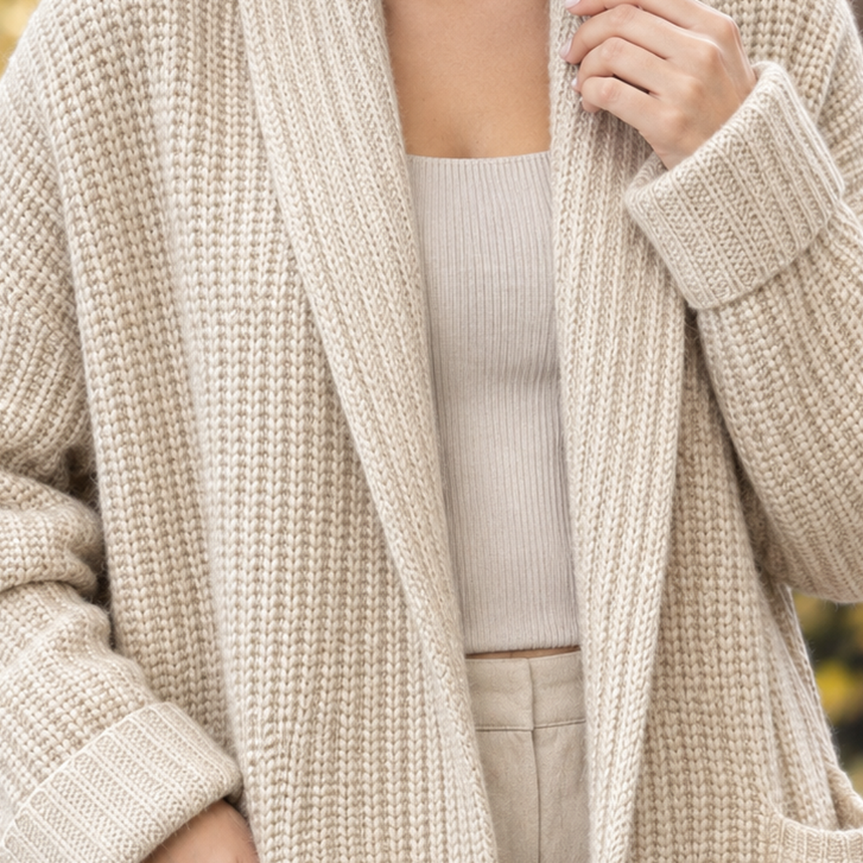 Close-up of the ribbed knit texture on a women's open-front cardigan