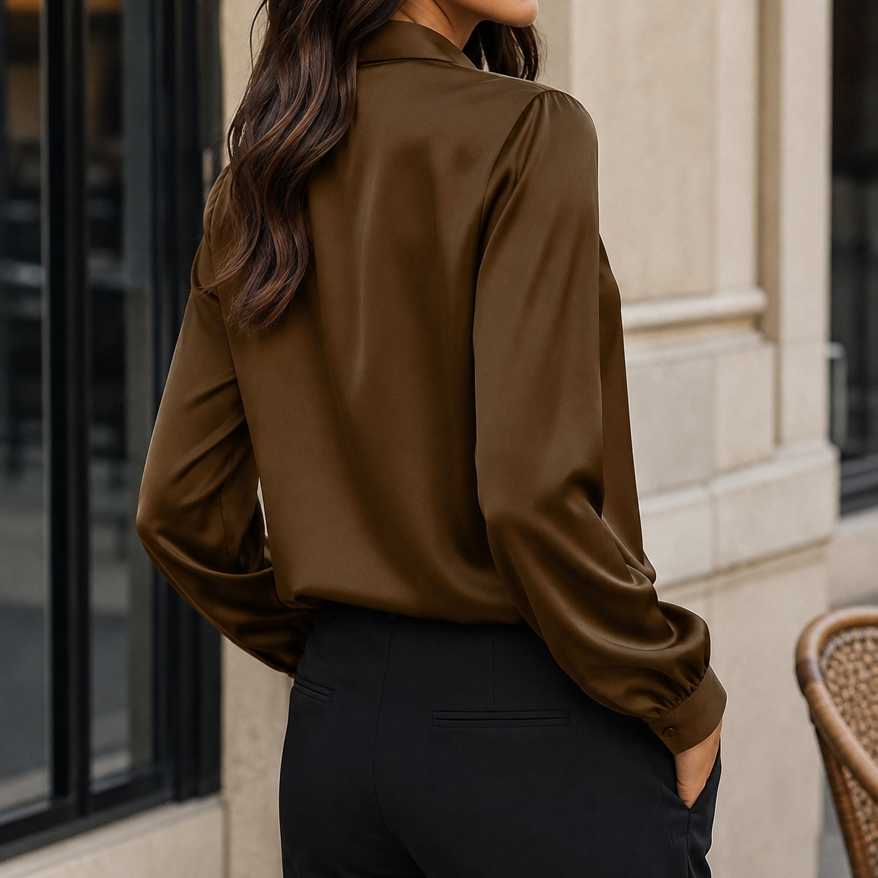 Front view of a satin blouse with a softly draped cowl neck