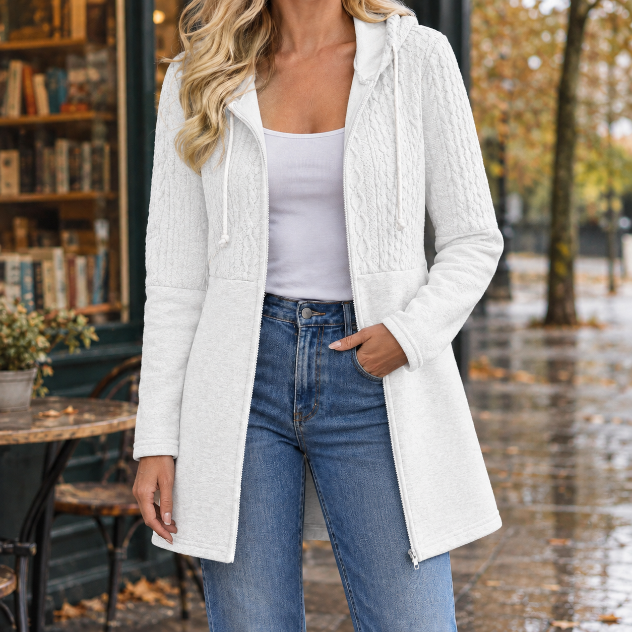 Cable Knit Hooded Jacket With Zip Front