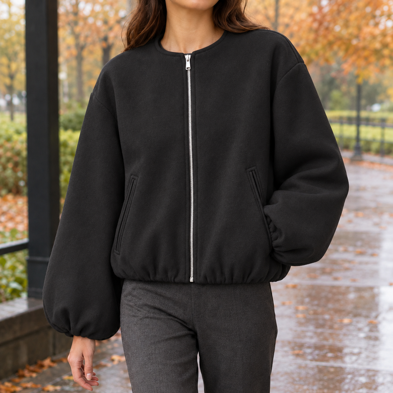Balloon Sleeve Jacket With Zip Front