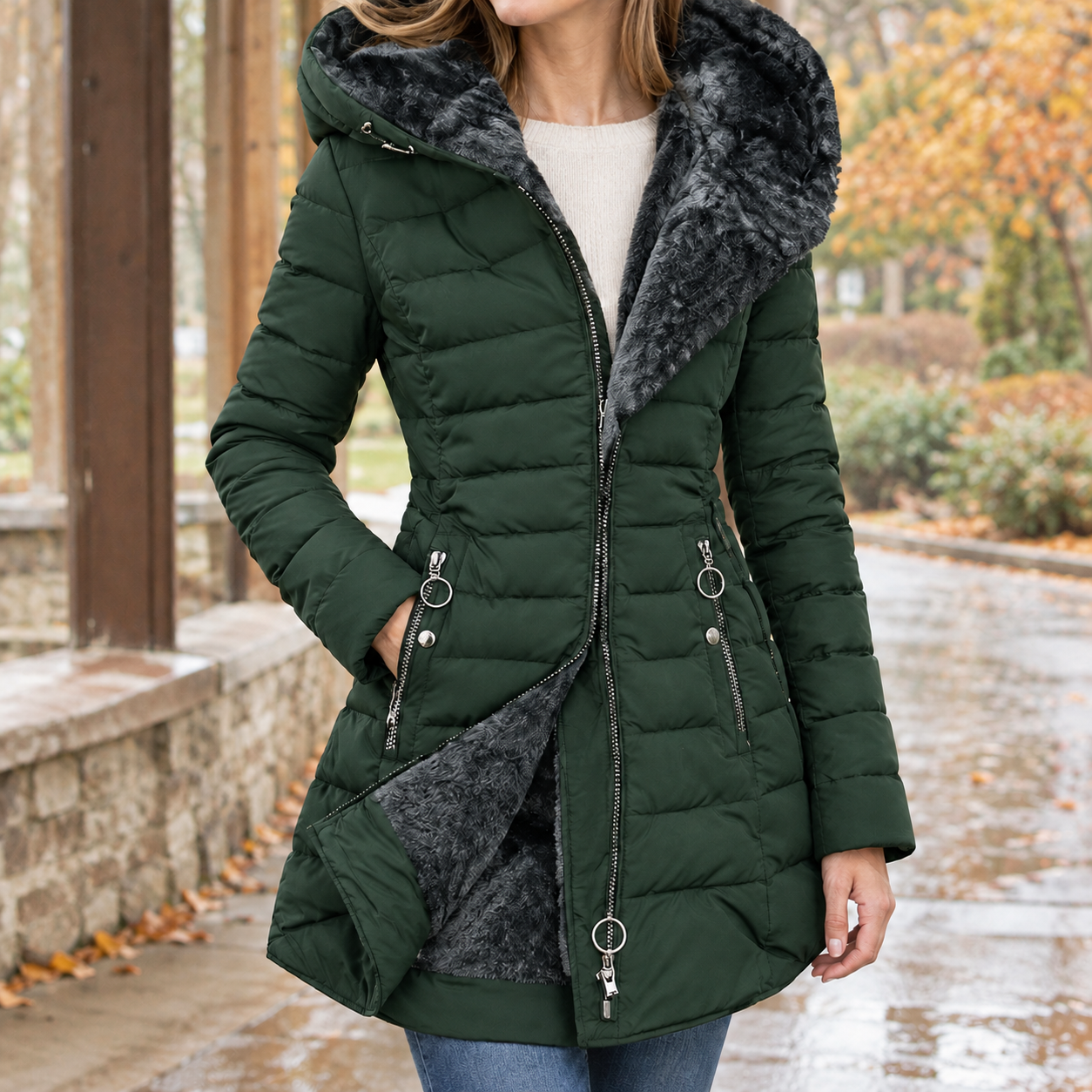 Quilted Hooded Jacket Mid-Length Cotton Blend