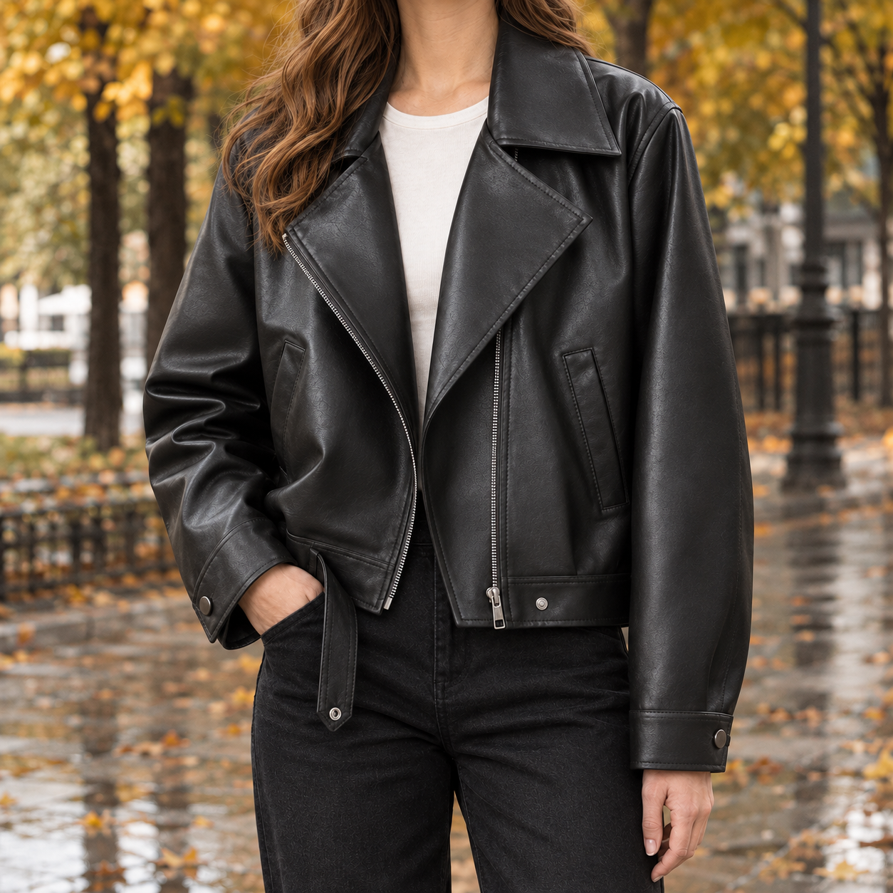 Cropped Leather-Look Biker Jacket