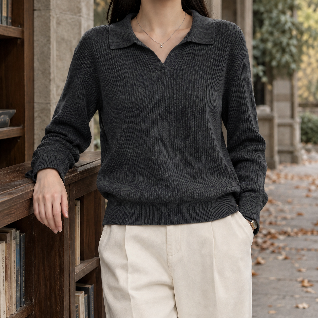 Ribbed Polo Collar Sweater With Long Sleeves