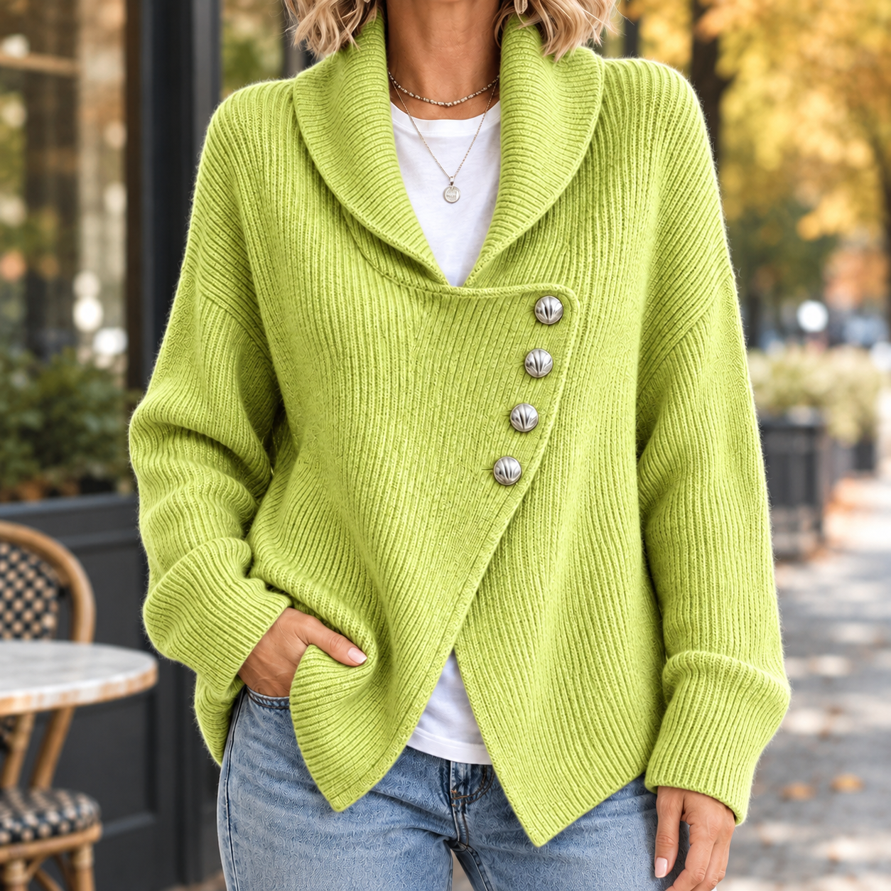 Close-up of the soft knit texture and shawl collar detail