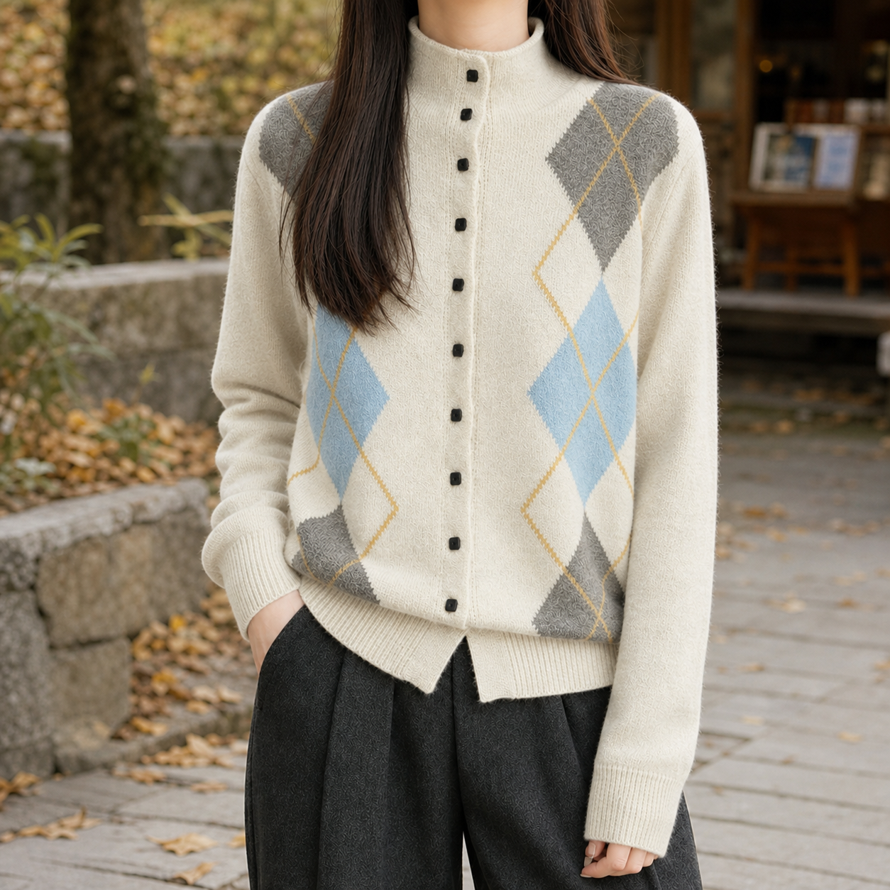 Side view of the argyle cardigan showing its layered mock neck design