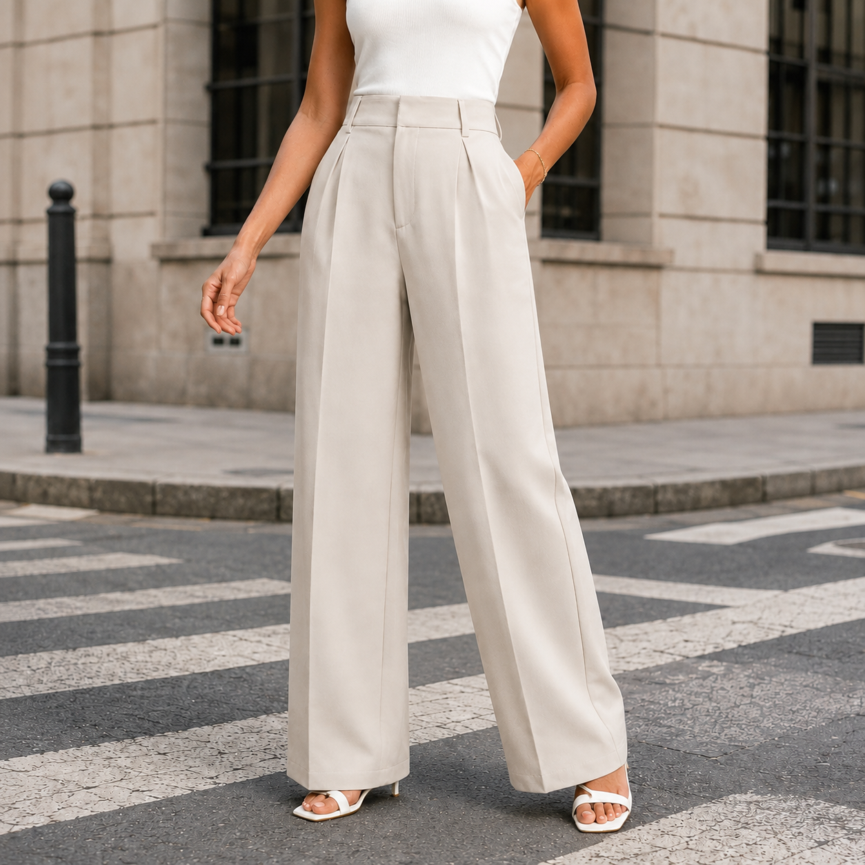Side view of high-waisted pants with a fluid wide-leg silhouette