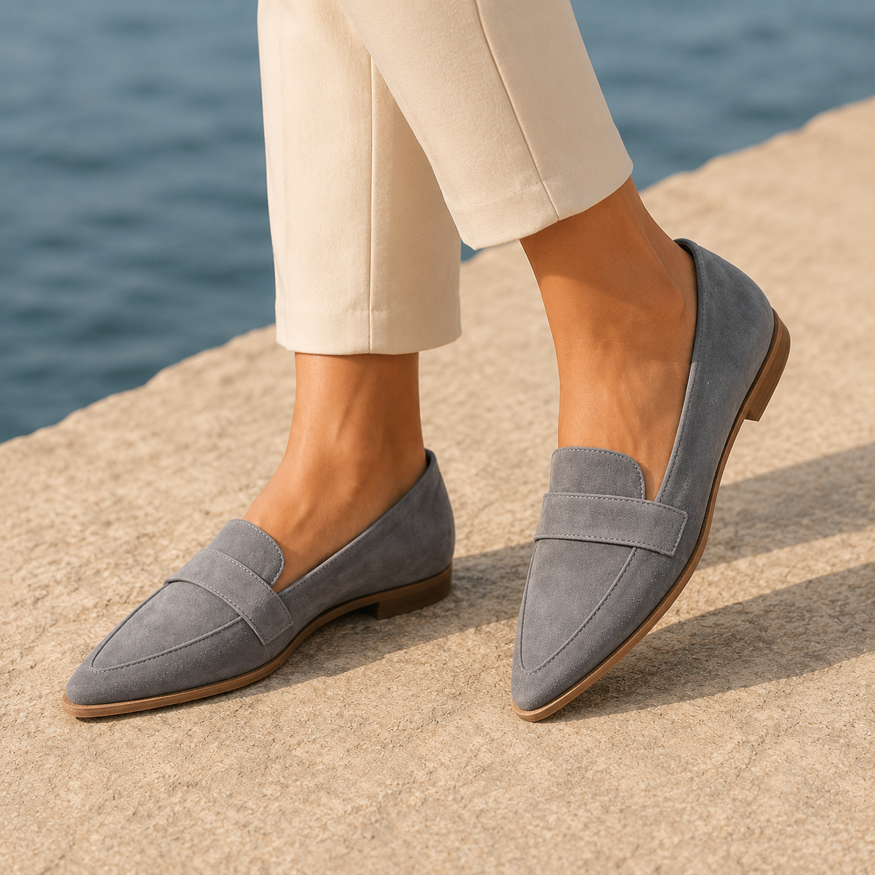 Close-up of the saddle strap detail on a pointed-toe loafer