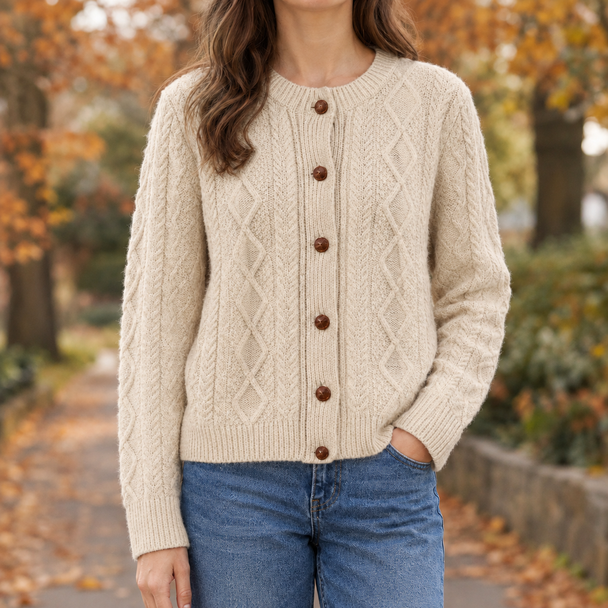 Close-up of the cardigan's braided cable knit texture and button front