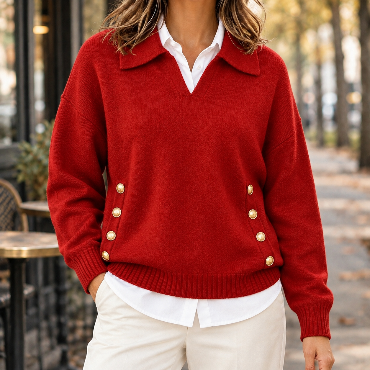 Close-up of the sweater collar and V-neckline