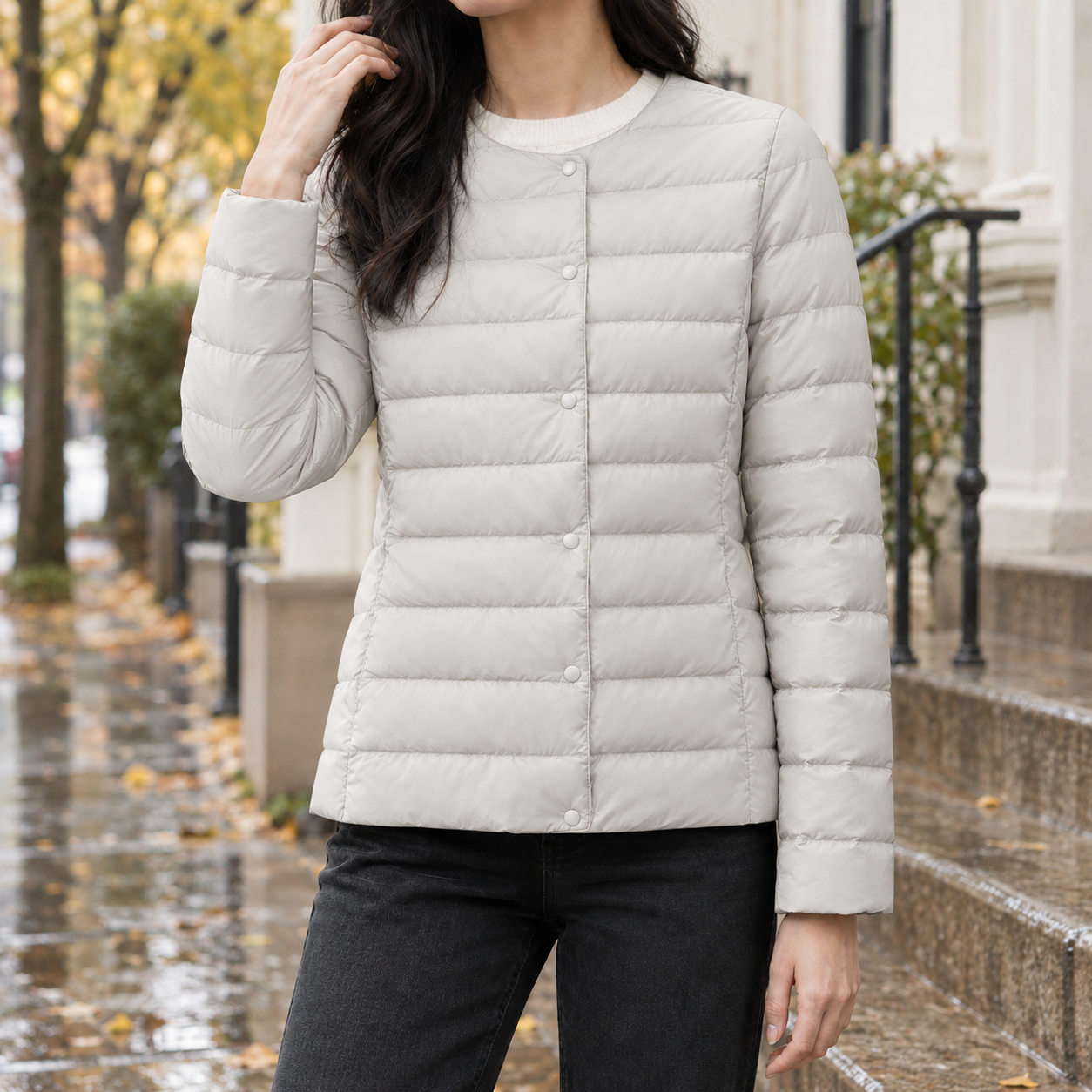 Quilted Down Jacket With Snap Front