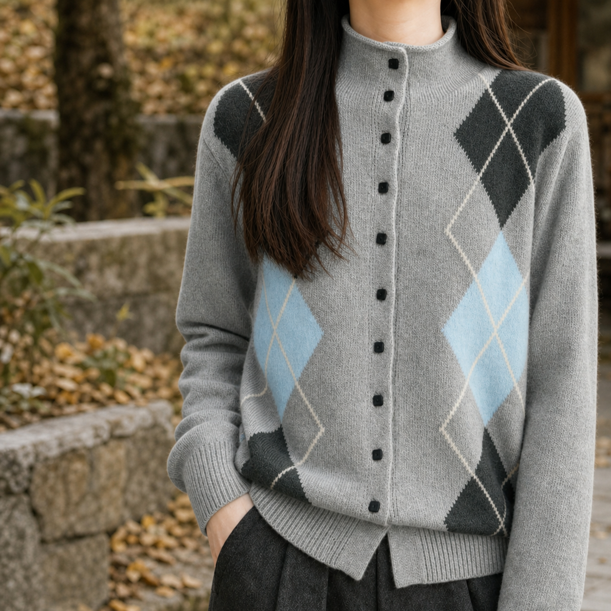 Argyle mock neck cardigan styled as a polished everyday outfit