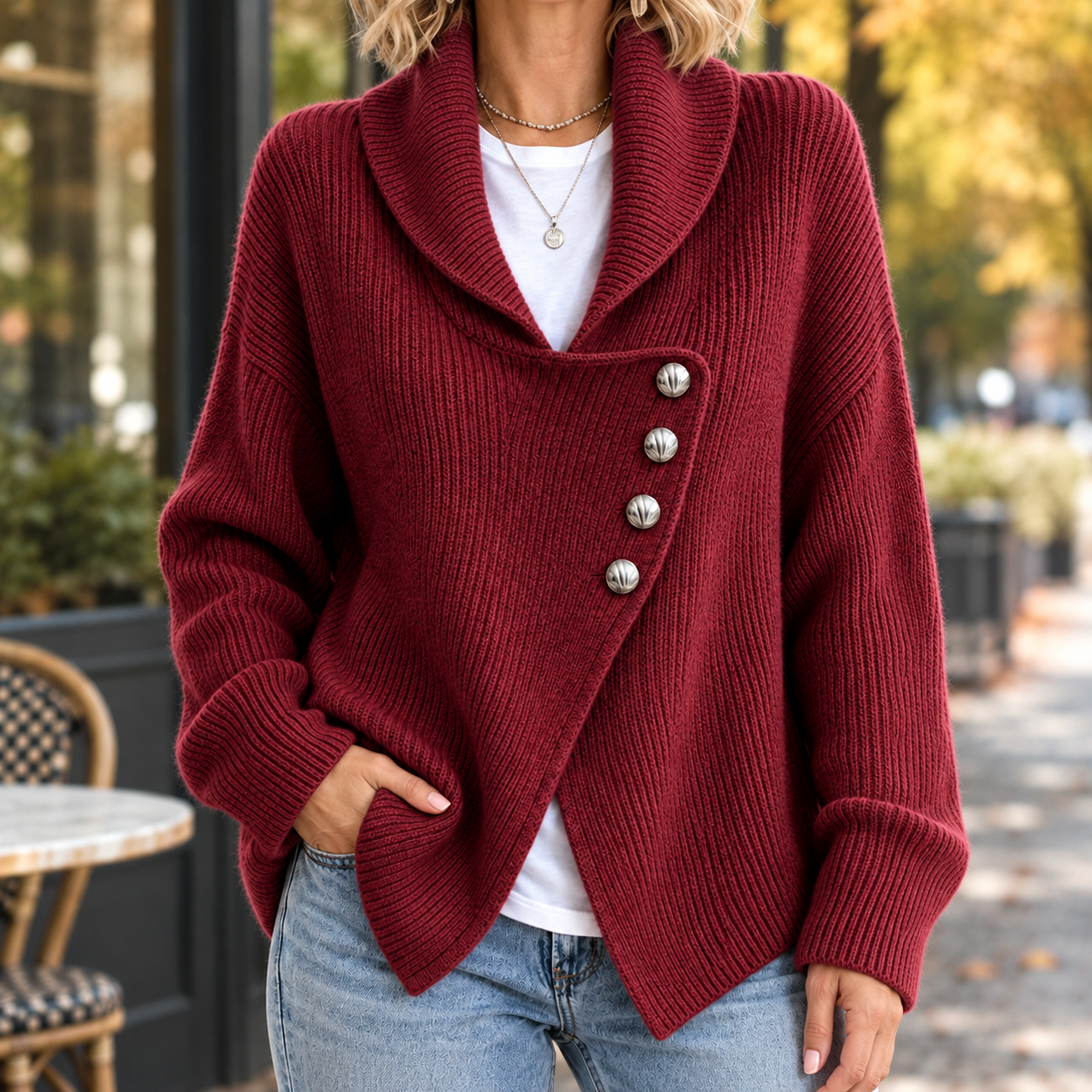 Side view highlighting the cardigan’s asymmetric silhouette and relaxed fit