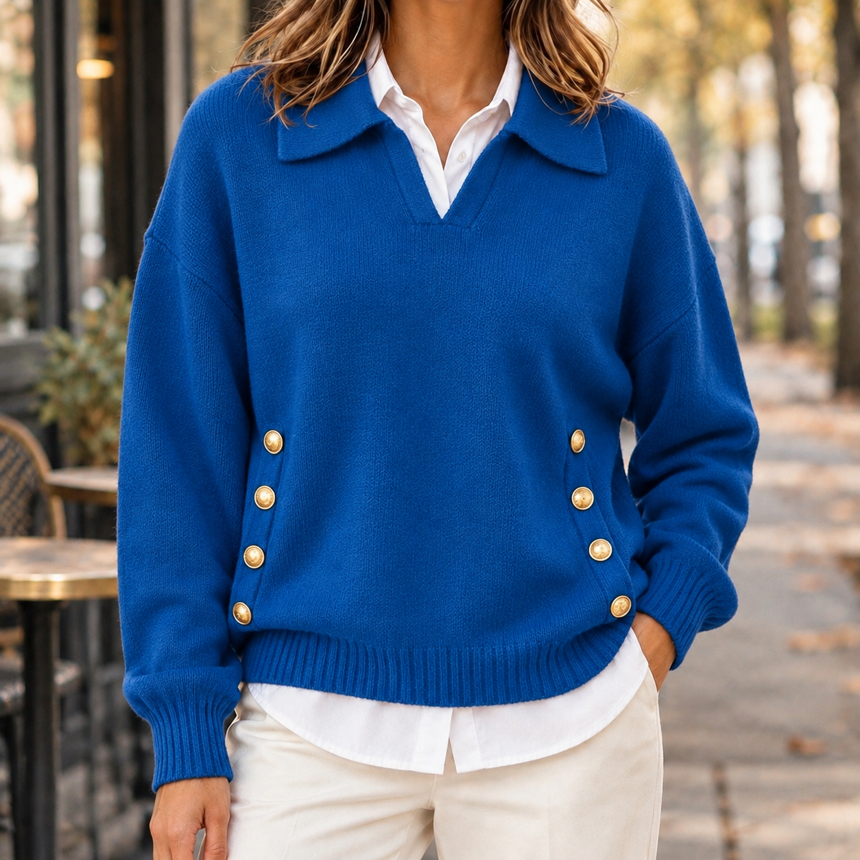 Side view showing the fit of the collared knit sweater