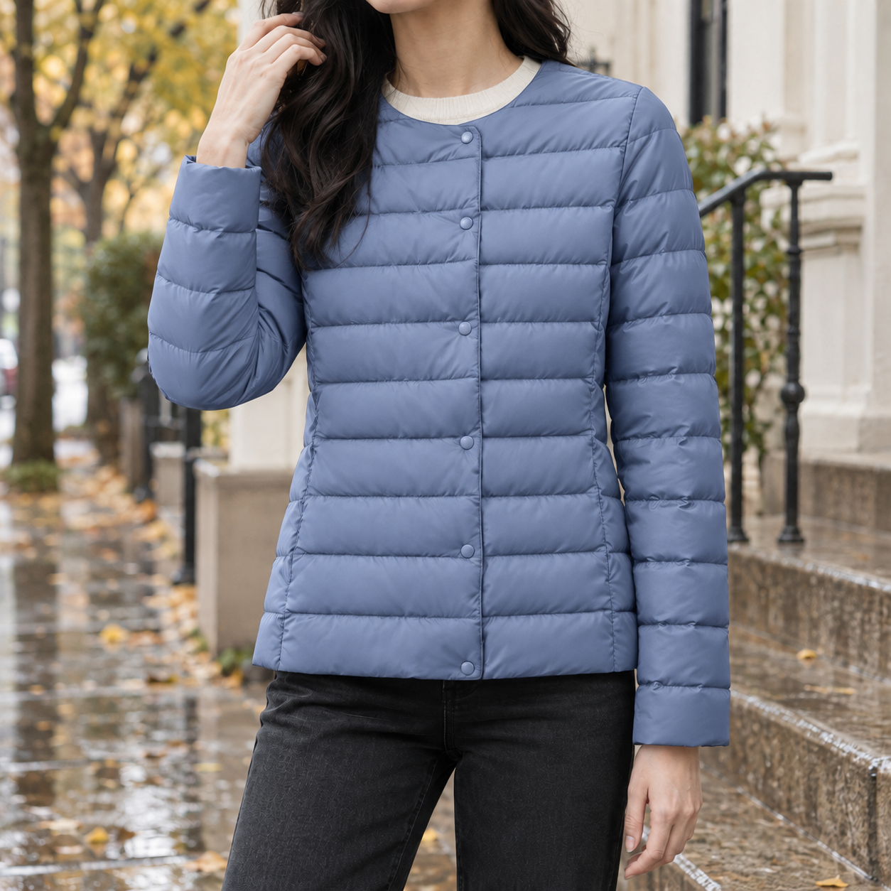 Snap-front closure detail on a quilted down jacket