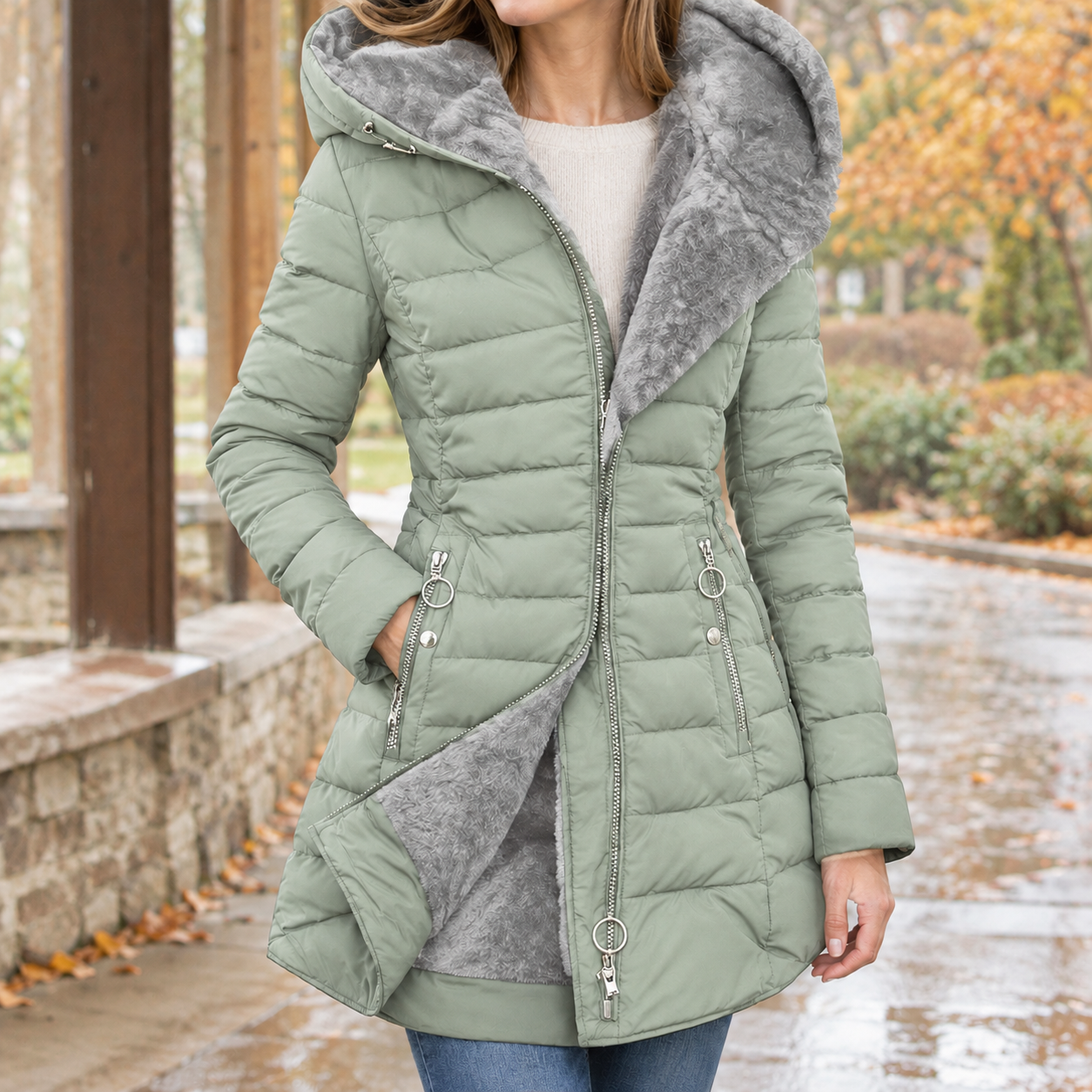 Quilted Hooded Jacket Mid-Length Cotton Blend