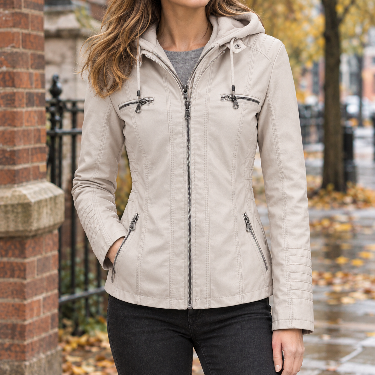 Women's Hooded Leather-Look Jacket